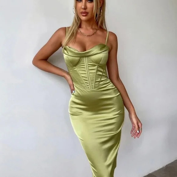 Light Chartreuse Corseted Satin Dress - Picture 1 of 3